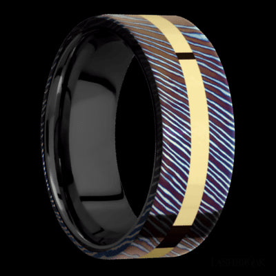 8 mm wide/Flat/Titanium Damascus band with one 2 mm Centered inlay of 14K Yellow Gold also featuring a Zirconium sleeve.