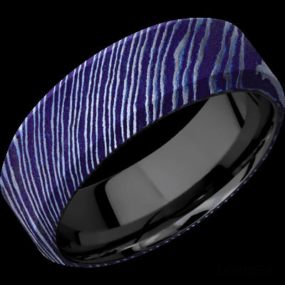 8 mm wide High Bevel Titanium Damascus band featuring a Zirconium sleeve.