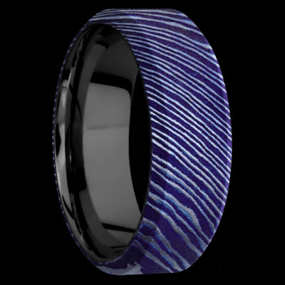 8 mm wide High Bevel Titanium Damascus band featuring a Zirconium sleeve.