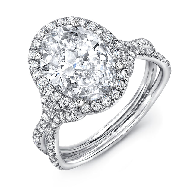 Uneek Oval Diamond Halo Ring with Silhouette Double Shank and Flared Pave Shoulders